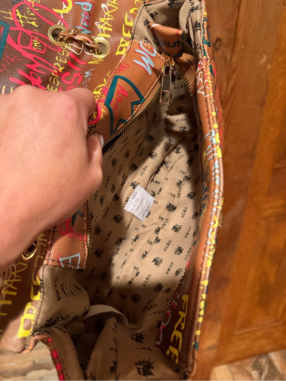ALBA NWT Brown Multicolor Graffiti Quilted Vegan Leather Chain Crossbody Bag - Picture 6 of 8